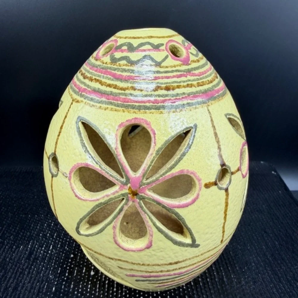 Hand Painted‎ Ceramic Candle Holder Floral Cutout Pottery Luminary Yellow Decor